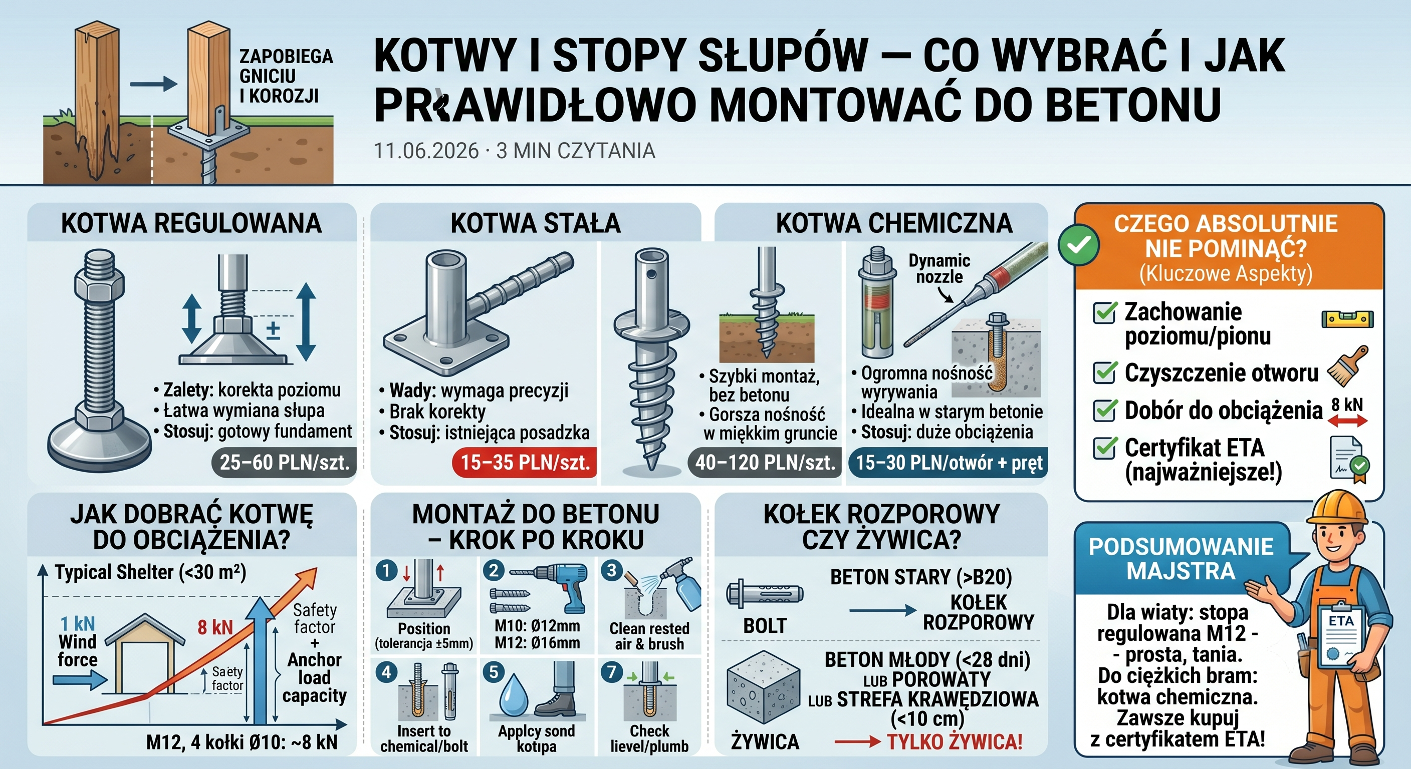 Kotwy i stopy słupów — co wybrać i jak prawidłowo montować do betonu