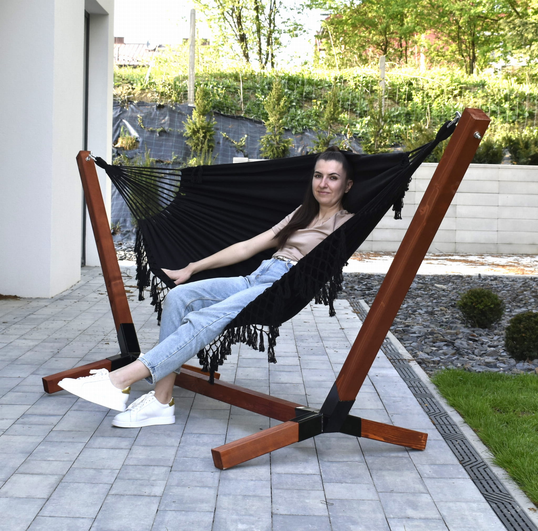 Zestaw hamakowy XXL Stelaż Impregnowany + Hamak Boho Czarny 300kg SandTropic