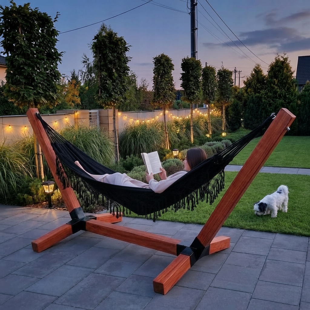 Stelaż na hamak XXL Ultra Mocny Impregnowany 93x93 + Hamak Boho 2-osobowy Czarny SandTropic