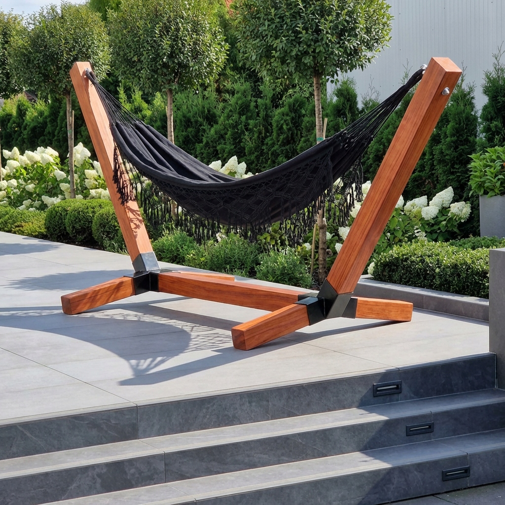 Stelaż na hamak XXL Ultra Mocny Impregnowany 93x93 + Hamak Boho 2-osobowy Czarny SandTropic