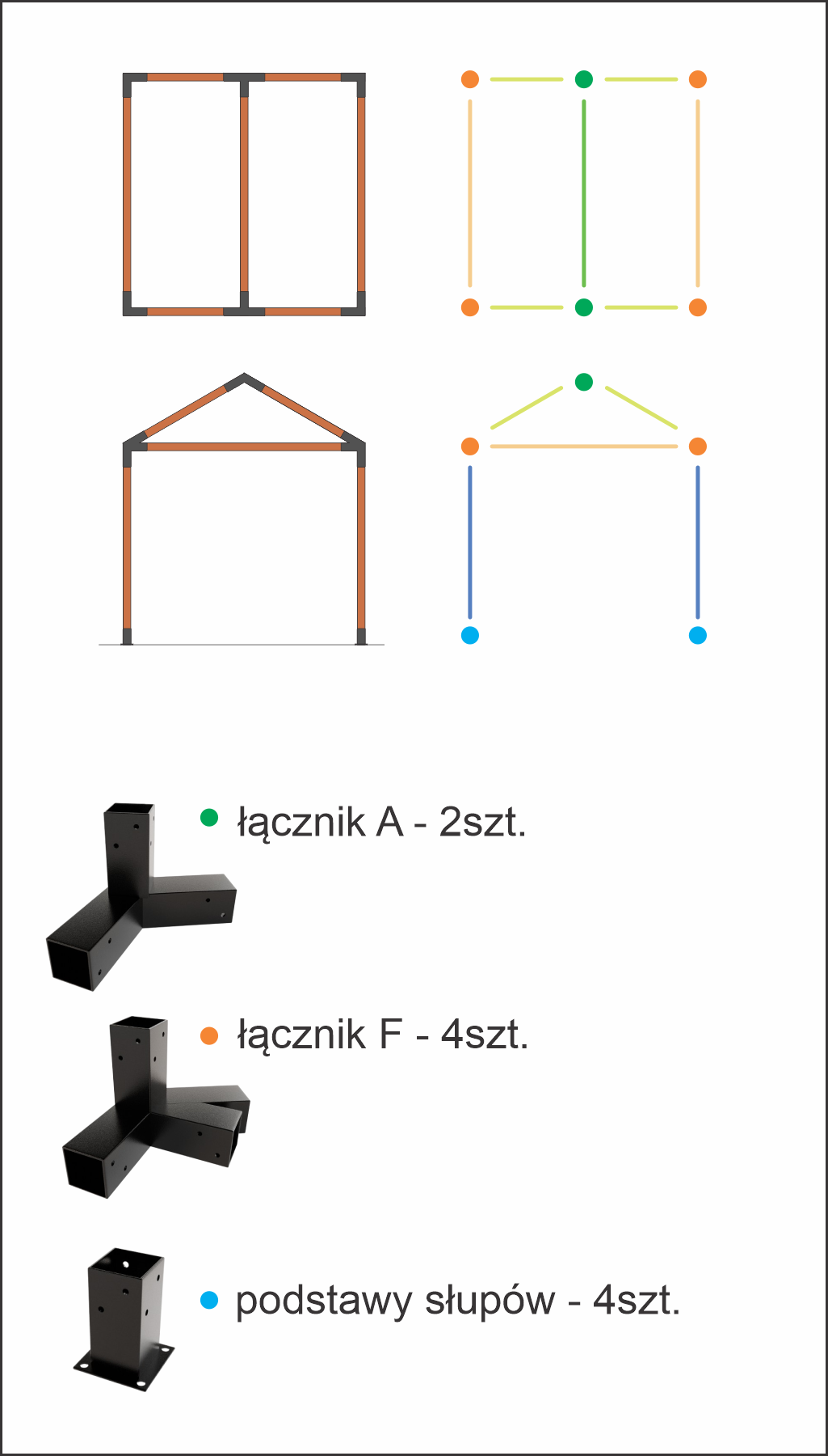 Pergola ogrodowa A-Type 3×3m - Zestaw: Łączniki, podstawy